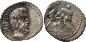 The Roman Republic
L. Titurius L. f. Sabinus AR Denarius, 3.50 g. Rome, 89 BC. Bearded head of the Sabine king Tatius right; SABIN downwards behind, p...