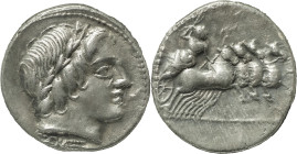 The Roman Republic
Anonymous Issues. AR Denarius, 3.58 g. 86 BC. Rome mint. Obv: laureate head of Apollo right, thunderbolt below. Rev: Jupiter in qua...