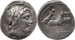 The Roman Republic
Anonymous Issues. AR Denarius, 3.81 g. 86 BC. Rome mint. Obv: laureate head of Apollo right, thunderbolt below. Rev: Jupiter in qua...