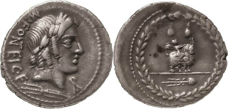 The Roman Republic
Mn. Fonteius C. f. AR Denarius, 3.62 g. Rome, 85 BC. Laureate...