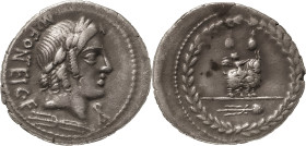 The Roman Republic
Mn. Fonteius C. f. AR Denarius, 3.62 g. Rome, 85 BC. Laureate head of Apollo Veiovis to right, thunderbolt below; MN•FONTEI•C•F (pa...