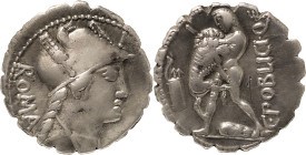 The Roman Republic
C. Poblicius Q. f. Denarius serratus, Roma 80, AR 3.90 g. Helmeted and draped bust of Roma r., wearing Phrygian helmet; behind, ROM...