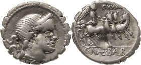The Roman Republic
C. Naevius Balbus. Denarius serratus 80, AR 3.82 g. Diademed head of Venus r.; behind, S·C. Rev. Victory in prancing triga r.; abov...
