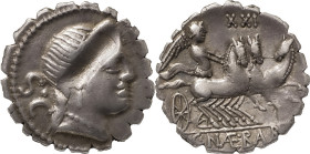 The Roman Republic
C. Naevius Balbus. Denarius serratus 80, AR 3.82 g. Diademed head of Venus r.; behind, S·C. Rev. Victory in prancing triga r.; abov...