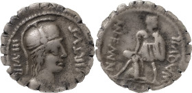 The Roman Republic
Mn. Aquillius. Denarius serratus 71, AR 2.64 g. VIRTVS – III VIR Helmeted and draped bust of Virtus r. Rev. MN AQVIL – MN·F MN·N Wa...
