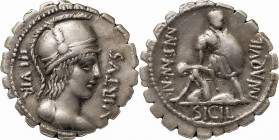 The Roman Republic
Mn. Aquillius. Denarius serratus 71, AR 3.86 g. VIRTVS – III VIR Helmeted and draped bust of Virtus r. Rev. MN AQVIL – MN·F MN·N Wa...