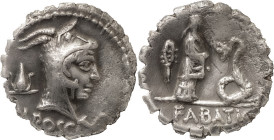 The Roman Republic
L. Roscius Fabatus. Denarius serratus 64, AR 3.25 g. Head of Juno Sospita r.; behind, unidentified symbol and below neck truncation...