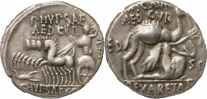 The Roman Republic
M. Aemilius Scaurus, P. Plautius Hypsaeus. Denarius 58, AR 3....