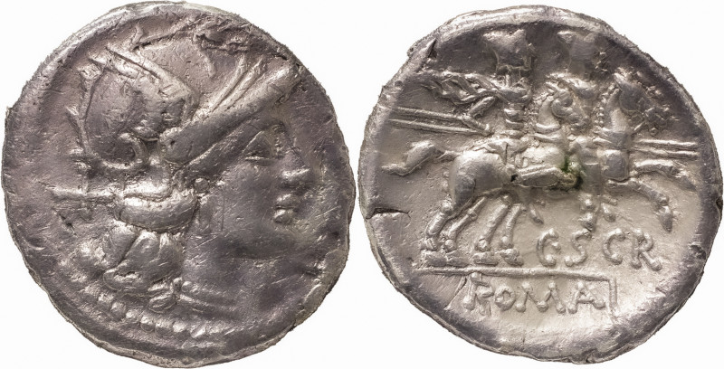 The Roman Republic
C. Scribonius. Denarius 154, AR 3.86 g. Helmeted head of Roma...