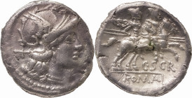 The Roman Republic
C. Scribonius. Denarius 154, AR 3.86 g. Helmeted head of Roma r.; behind, X. Rev. The Dioscuri galloping r.; below, C·SCR and ROMA ...