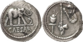 The Roman Republic
C. Iulius Caesar, mint moving with Caesar 49-48, AR Denarius 3.57 g. Pontifical emblems: culullus, aspergillum, axe and apex. Rev. ...