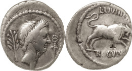 The Roman Republic
L. Livineius Regulus. Denarius 42, AR 3.75 g. Laureate head of Caesar r.; behind, laurel branch and
before, caduceus. Rev. L·LIVINE...