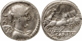 The Roman Republic
T. Carisius, 46 BC, AR Denarius 3.94 g. Draped bust of Victory r.; behind, S·C. Rev. Victory in prancing quadriga r., holding reins...