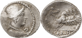 The Roman Republic
T. Carisius, 46 BC, AR Denarius 3.76 g. Draped bust of Victory r.; behind, S·C. Rev. Victory in prancing quadriga r., holding reins...