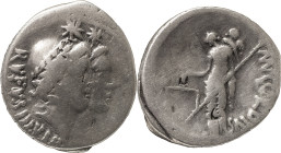 The Roman Republic
Mn. Cordius Rufus. Denarius 46, AR 3.50 g. RVFVS·III.VIR Jugate heads of Dioscuri r., wearing pilei decorated with fillet. Rev. MN....