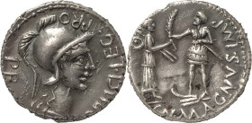 The Roman Republic
CNAEUS POMPEY II. Corduba. Circa 46-45 BC. AR Denarius 3.40 g. Marcus Poblicius, legatus pro praetore, M POBLICI LEG PRO PR, Helmet...