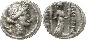 The Roman Republic
P. Clodius M. f. Turinus. AR Denarius 3.69 g. Rome 42 BC. Laureate head of Apollo r.; behind, lyre. Rev. P.CLODIVS – ·M·F Diana sta...