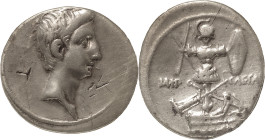 The Roman Empire
Octavian, 32 – 27 BC. Denarius, Brundisium and Roma (?) circa 29-27 BC, AR 3.76 g. Bare head r. Rev. IMP – CAESAR Military trophy, it...