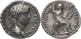 The Roman Empire
TIBERIUS. Lugdunum. "Tribute Penny" type. Circa 14-37. AR Denarius 3.75 g. TI CAESAR DIVI AVG F AVGVSTVS, Laureate head right / PONTI...