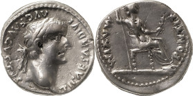 The Roman Empire
TIBERIUS. Lugdunum. "Tribute Penny" type. Circa 14-37. AR Denarius 3.77 g. TI CAESAR DIVI AVG F AVGVSTVS, Laureate head right / PONTI...