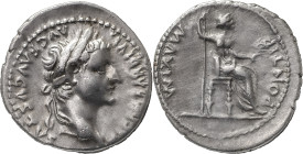 The Roman Empire
TIBERIUS. Lugdunum. "Tribute Penny" type. Circa 14-37. AR Denarius 3.83 g. TI CAESAR DIVI AVG F AVGVSTVS, Laureate head right / PONTI...
