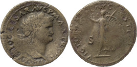 The Roman Empire
Nero. AD 54-68. Æ Dupondius 13.05g. Lugdunum (Lyon) mint. Struck circa AD 66. Laureate head right, globe at point of neck / Victory a...