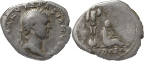 The Roman Empire
Vespasian, 69 –79, AR denarius 3.18 g. IMP CAE[SAR VES]PASIANIVS AVG Laureate head r. Rev. IVDAEA Judaea seated l. in attitude of mou...