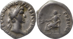 The Roman Empire
NERVA. Rome. Circa 96-98. AR Denarius 3.41 g. IMP NERVA CAES AVG P M TR P II COS III P P, Laureate head right / SALVS PVBLICA, Salus ...