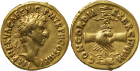 The Roman Empire
Nerva, 96 – 98. AU Aureus 7.48 g. 96. IMP NERVA CAES AVG – P M TR P COS II P P Laureate head r. Rev. CONCORDIA – EXERCITVVM Clasped h...