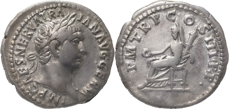 The Roman Empire
Denarius February-Autumn 98, AR 3.45 g. IMP CAES NERVA TRAIAN A...