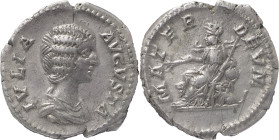 The Roman Empire
JULIA DOMNA (Augusta, 193-217). AR Denarius 3.27 g. Rome. IVLIA AVGVSTA. Draped bust right. MATER DEVM. Cybele seated left on throne,...