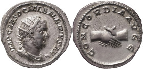 The Roman Empire
Balbinus AR Antoninianus, 4.68 g. Rome, AD 238. IMP CAES D CAEL BALBINVS AVG, radiate, draped and cuirassed bust to right. Rev CONCOR...