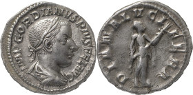 The Roman Empire
Gordian III, AD 238-244. AR Denarius 3.12 g. Rome. IMP GORDIANVS PIVS FEL AVG. Laureate, draped and cuirassed bust right. DIANA LVCIF...