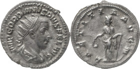 The Roman Empire
Gordian III AR Antoninianus, 3.45 g. Rome, AD 241-243. IMP GORDIANVS PIVS FEL AVG, radiate, draped and cuirassed bust to right. Rev L...