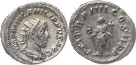 The Roman Empire
Philip I AR Antoninianus, 3.87g. Rome, AD 244-247. IMP M IVL PHILIPPVS AVG, radiate and draped bust right. Rev P M TR P IIII COS II P...