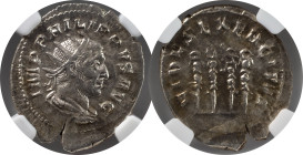 The Roman Empire
Philip I. Rome. Circa 244-249. AR antoninianus. IMP PHILIPPVS AVG, radiate, draped & cuirassed bust right / FIDES EXERCITVS, three mi...