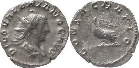 The Roman Empire
Valerian II Posthumous. Rome. Circa 258. AR Antoninianus 3.66 g. DIVO VALERIANO CAES, radiate and draped bust right / CONSACRATIO, Ea...