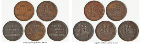 Prince Edward Island 5-Piece Lot of Uncertified "Ships Colonies & Commerce" 1/2 Penny Tokens ND VF, 1) 1/2 Penny Token, PE-10-19. 1st "E" cut off, spi...