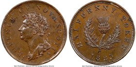 Nova Scotia. George IV "Thistle" 1/2 Penny Token 1823 MS63 Brown NGC, Br-867, NS-1A4, Courteau-253 (R4). Engrailed edge. Coin alignment. With hyphen, ...