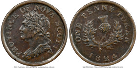 Nova Scotia. George IV "Thistle" Penny Token 1824 AU Details (Cleaned) NGC, Br-868, NS-2A2. Engrailed edge. Coin alignment. Three thin top locks varie...