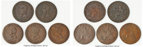 Nova Scotia 5-Piece Lot of Uncertified "Captain Broke - Halifax" 1/2 Penny Tokens 1814 F-VF, Includes various types, as pictured. Sold as is, no retur...