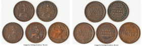 Nova Scotia 5-Piece Lot of Uncertified "Trade & Navigation" 1/2 Penny Tokens F-VF, Includes various types, as pictured. Sold as is, no returns. Sold f...