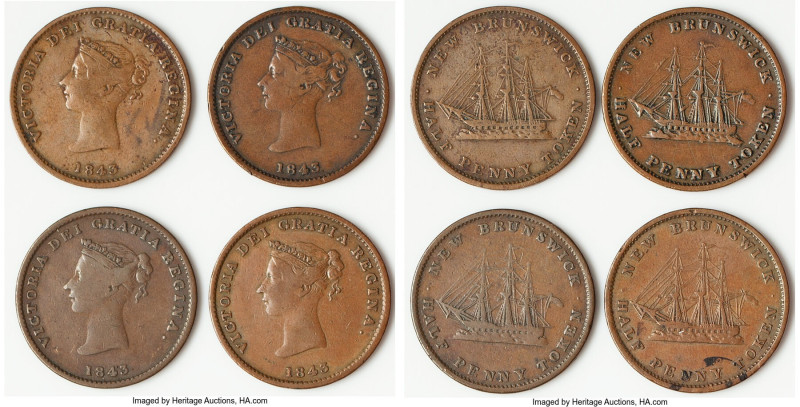 New Brunswick. Victoria 4-Piece Lot of Uncertified 1/2 Penny Tokens 1843 Fine, 1...