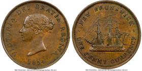 New Brunswick. Victoria bronzed Proof "Bust/Ship" Penny Token 1854 AU53 Brown NGC, KM4, Br-911, NB-2B2. Plain edge. Medal alignment. Incomplete ensign...