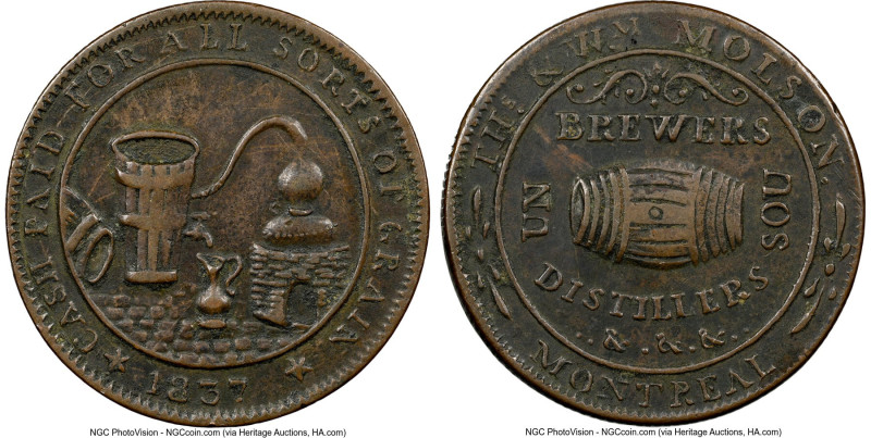 Lower Canada "THS & WM Molson" Sou Token 1837 XF45 Brown NGC, Br-562, LC-16A1. R...