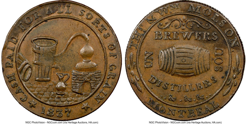Lower Canada "THS & WM Molson" Sou Token 1837 AU55 Brown NGC, Br-562, LC-16A3. R...