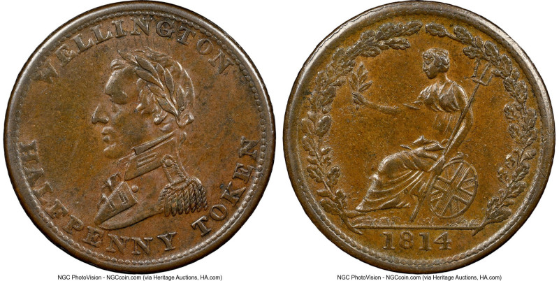 Lower Canada "Wellington" 1/2 Penny Token 1814 AU58 Brown NGC, WE-8A3. Trident t...