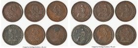 Lower Canada 6-Piece Lot of Uncertified "Wellington" 1/2 Penny Tokens 1814 F-VF, 1) 1/2 Penny Token, WE-8A1. Middle tine barbed. 2) 1/2 Penny Token, W...