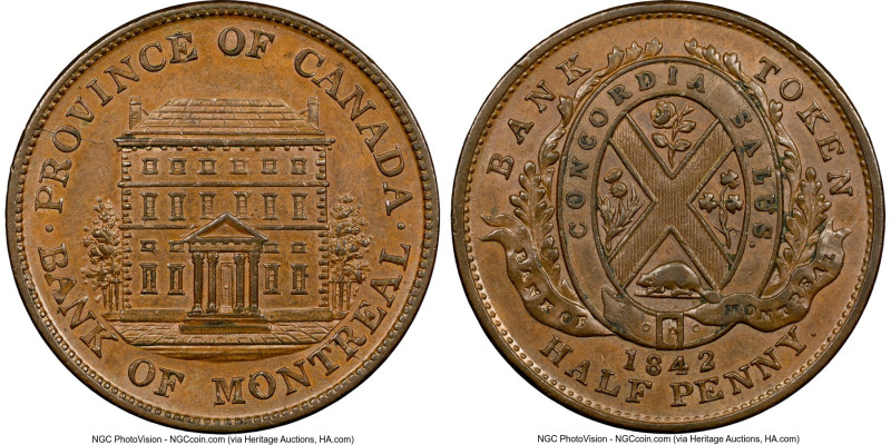 Province of Canada. Bank of Montreal "Front View" 1/2 Penny Token 1842 MS62 Brow...