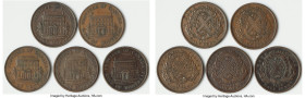 Province of Canada. Bank of Montreal 5-Piece Lot of Uncertified "Front View" 1/2 Penny Tokens 1844 VF-XF, 1) 1/2 Penny Token, PC-1B2. Tall trees, long...